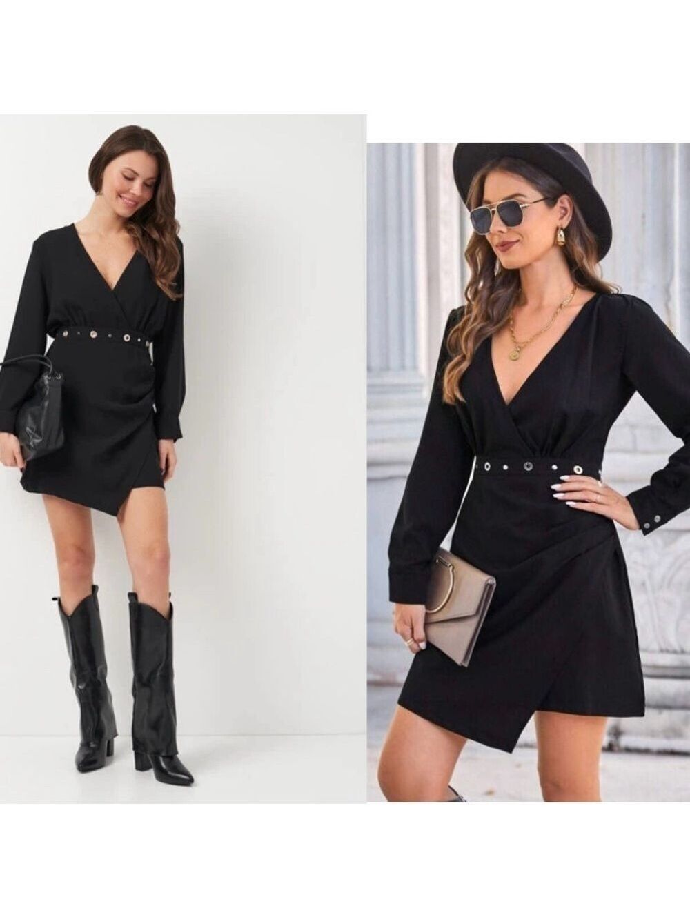 Zara black wrap V-neck long sleeve mini dress Silvertone Grommet eyelet trim M